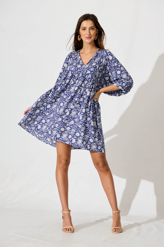 Spring Morning Smock Dress In Blue With White Print