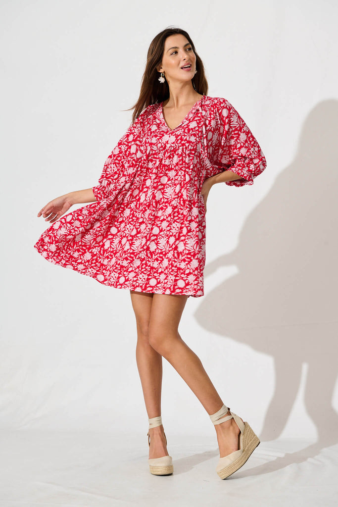 Spring Morning Smock Dress In Red With White Print