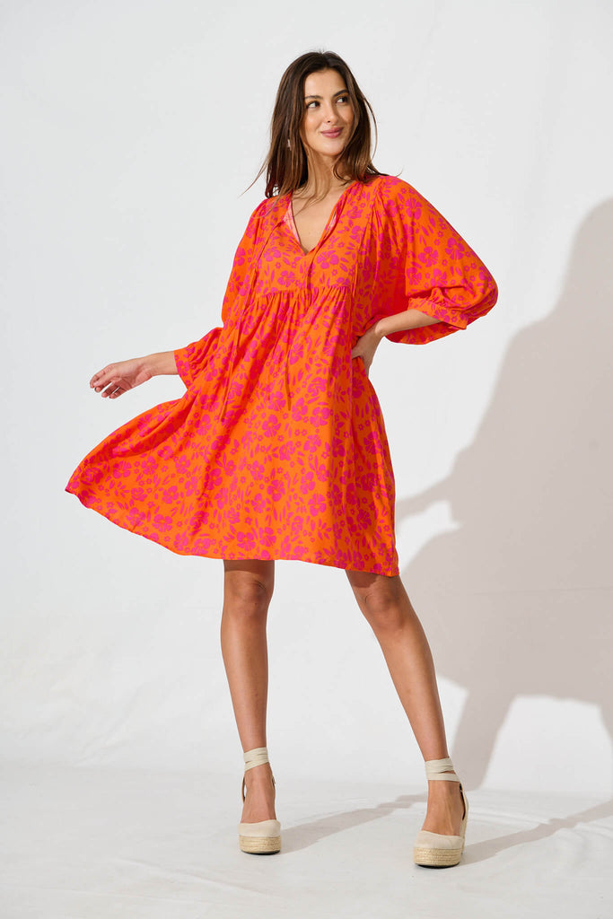 Spring Morning Smock Dress In Orange With Pink Floral