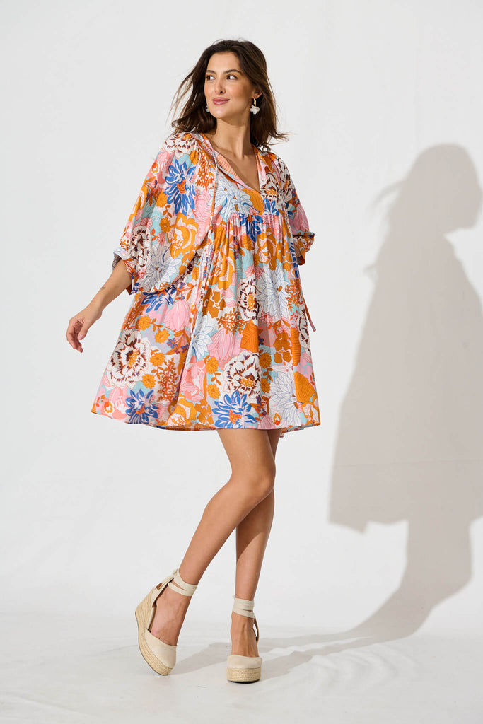 Spring Morning Smock Dress In Orange Multi Floral