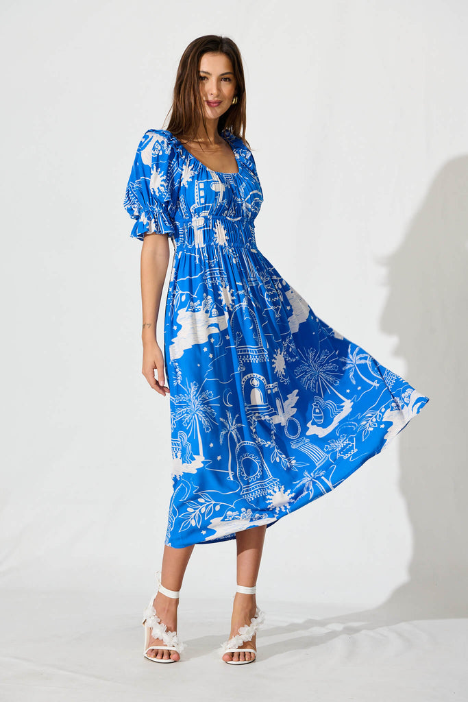 Truly Midi Dress In Blue With White Print