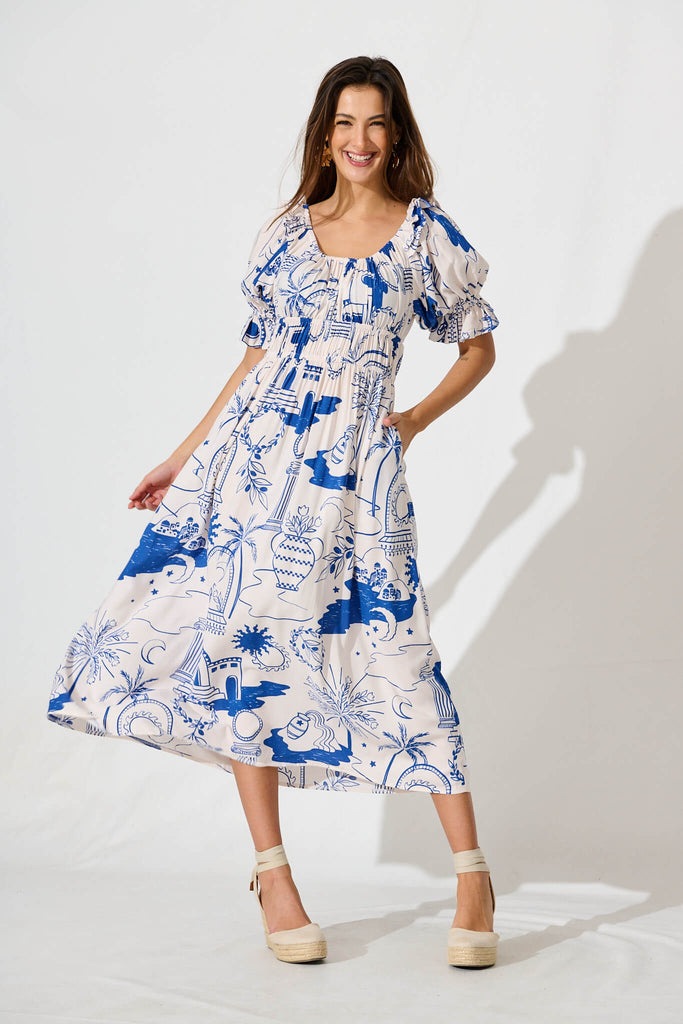 Truly Midi Dress In White With Blue Print