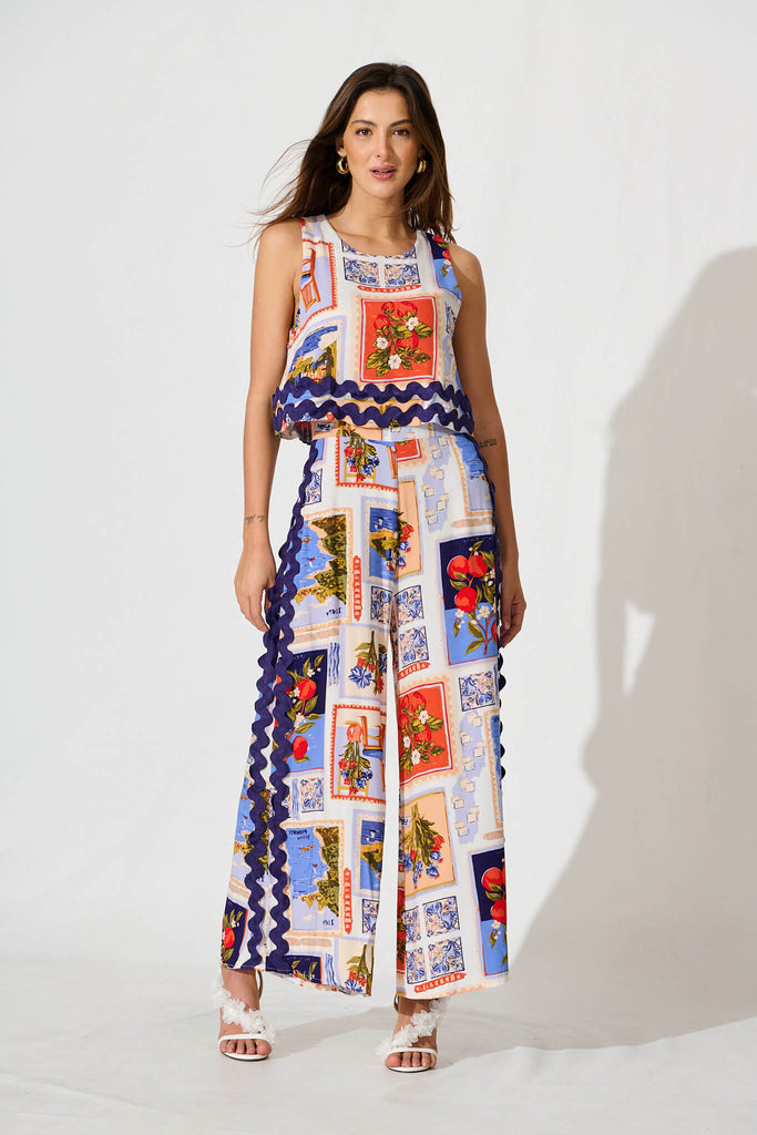 Sandbar Jumpsuit In Blue Multi Postcard Print