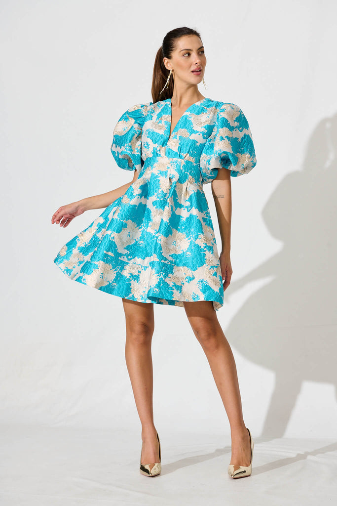 Paris Dreamer Dress In Pale Gold With Aqua Jacquard