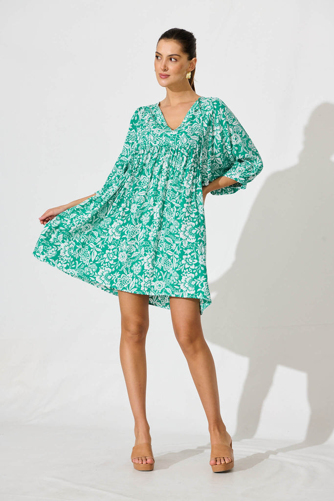 Spring Morning Smock Dress In Green With White Print