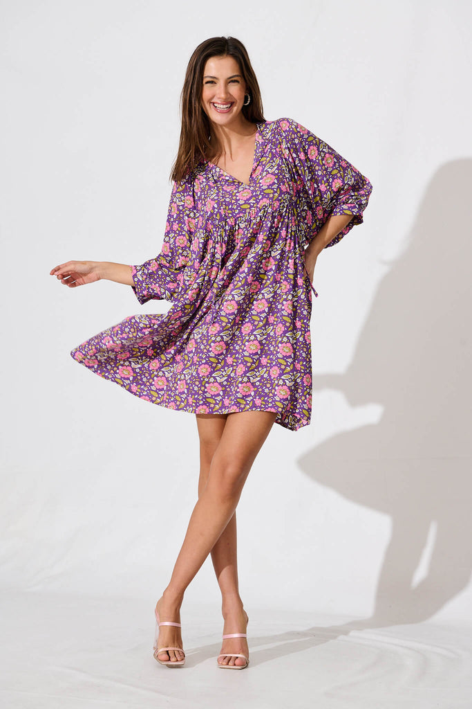 Spring Morning Smock Dress In Purple With Pink Floral