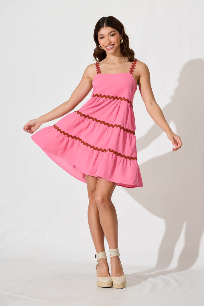 Sara Sundress In Pink With Red Ric Rac Trim Cotton