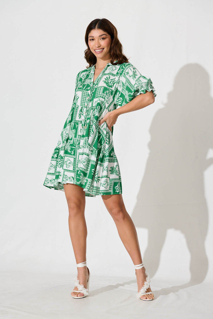 Santanna Smock Dress In Green Tile Print