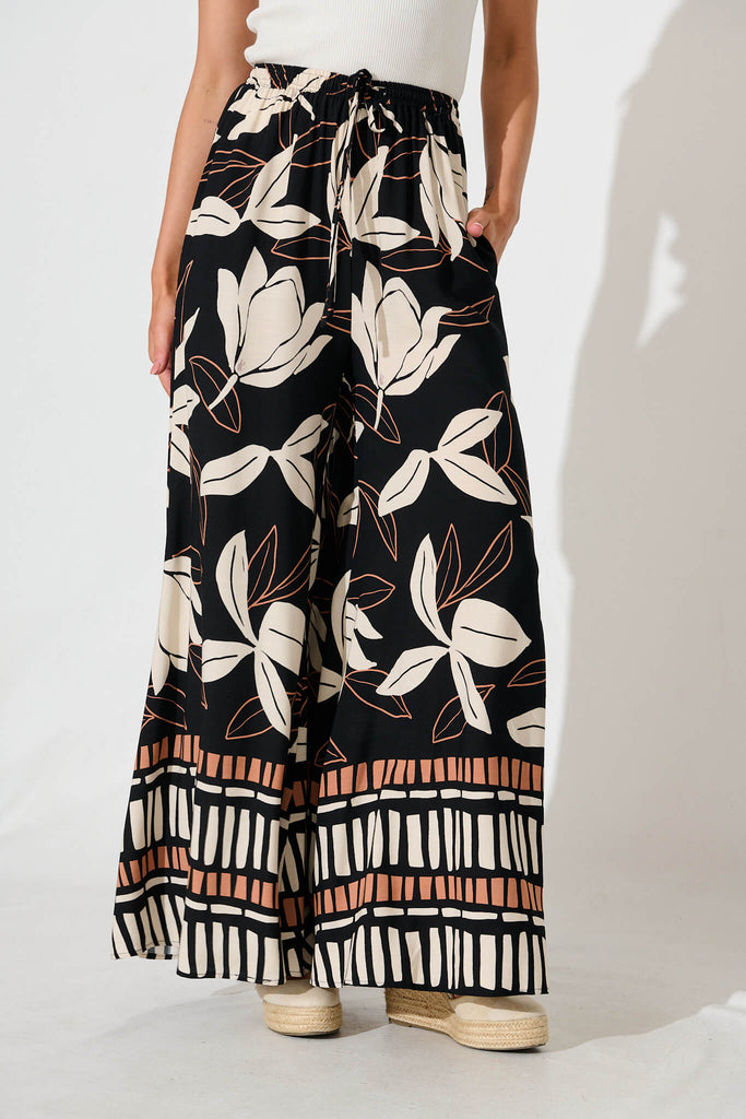 Lucia Pant In Black With Cream And Brown Leaf Print