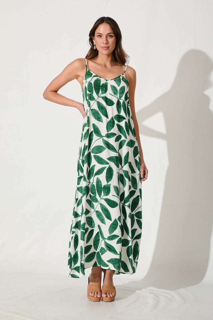 No Scrubs Maxi Dress In Cream With Green Leaf Print