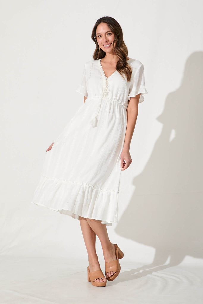 Clea Midi Dress in White Cotton - full length