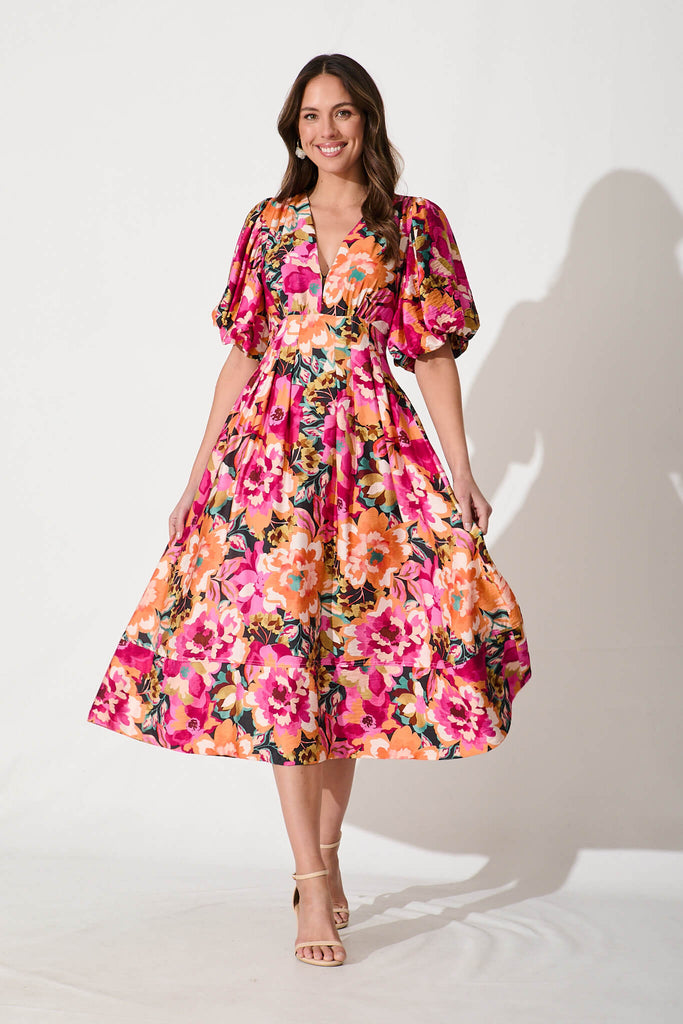 Daydreamer Midi Dress In Black With Bright Multi Floral