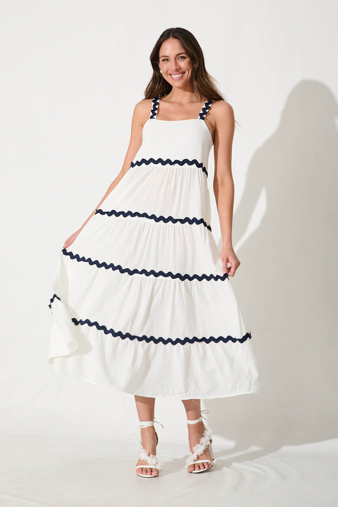 Hara Maxi Sundress In White With Navy Ric Rac Trim Cotton - full length