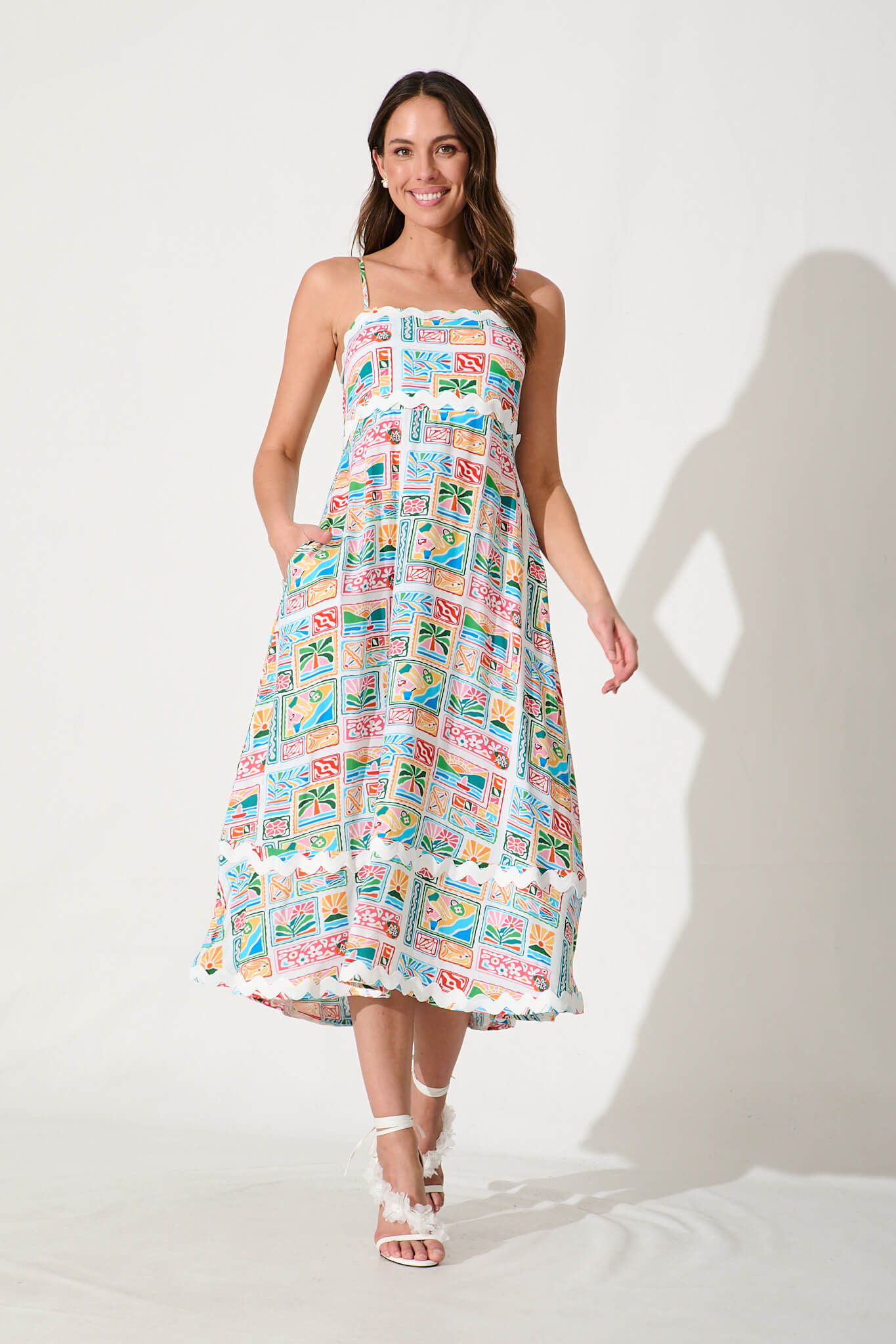 Treviso Maxi Sundress In Multi With White Ric Rac Trim - full length