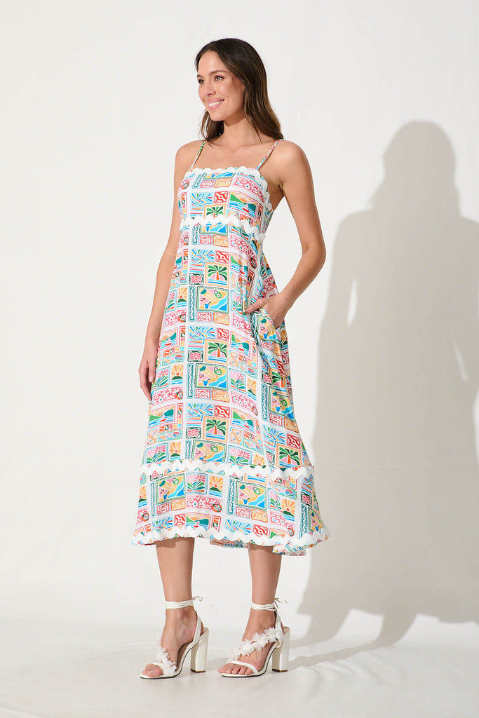 Treviso Maxi Sundress In Multi With White Ric Rac Trim - side