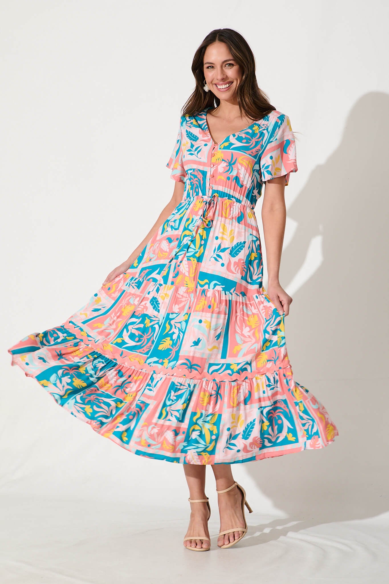 Yara Maxi Dress In Blue Multi Print With Pink Ric Rac Trim - full length