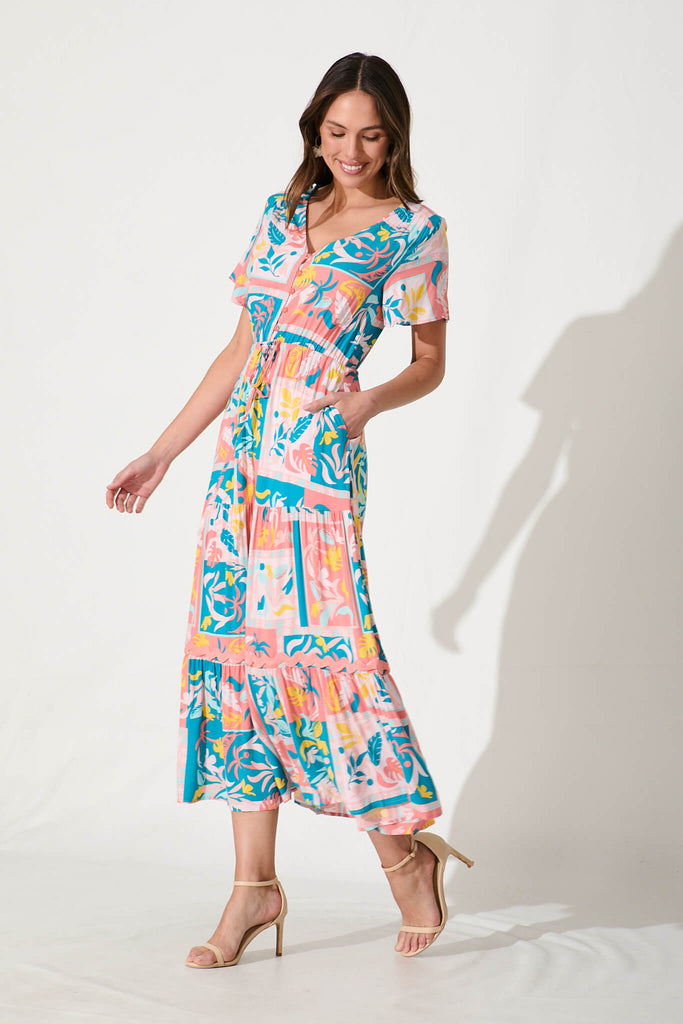 Yara Maxi Dress In Blue Multi Print With Pink Ric Rac Trim - side