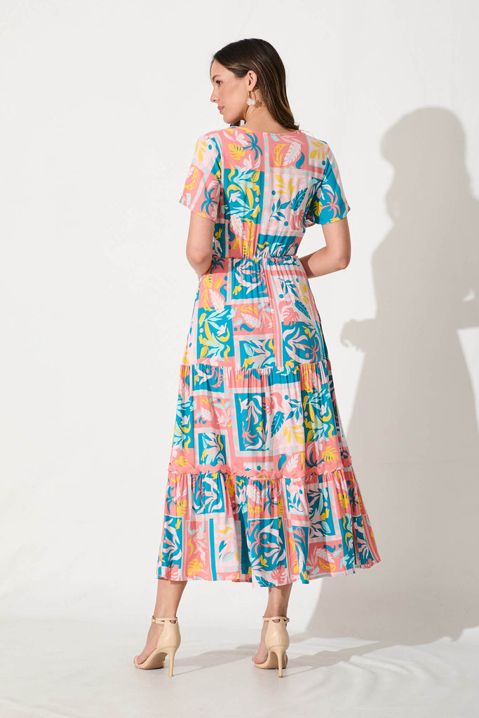 Yara Maxi Dress In Blue Multi Print With Pink Ric Rac Trim - back