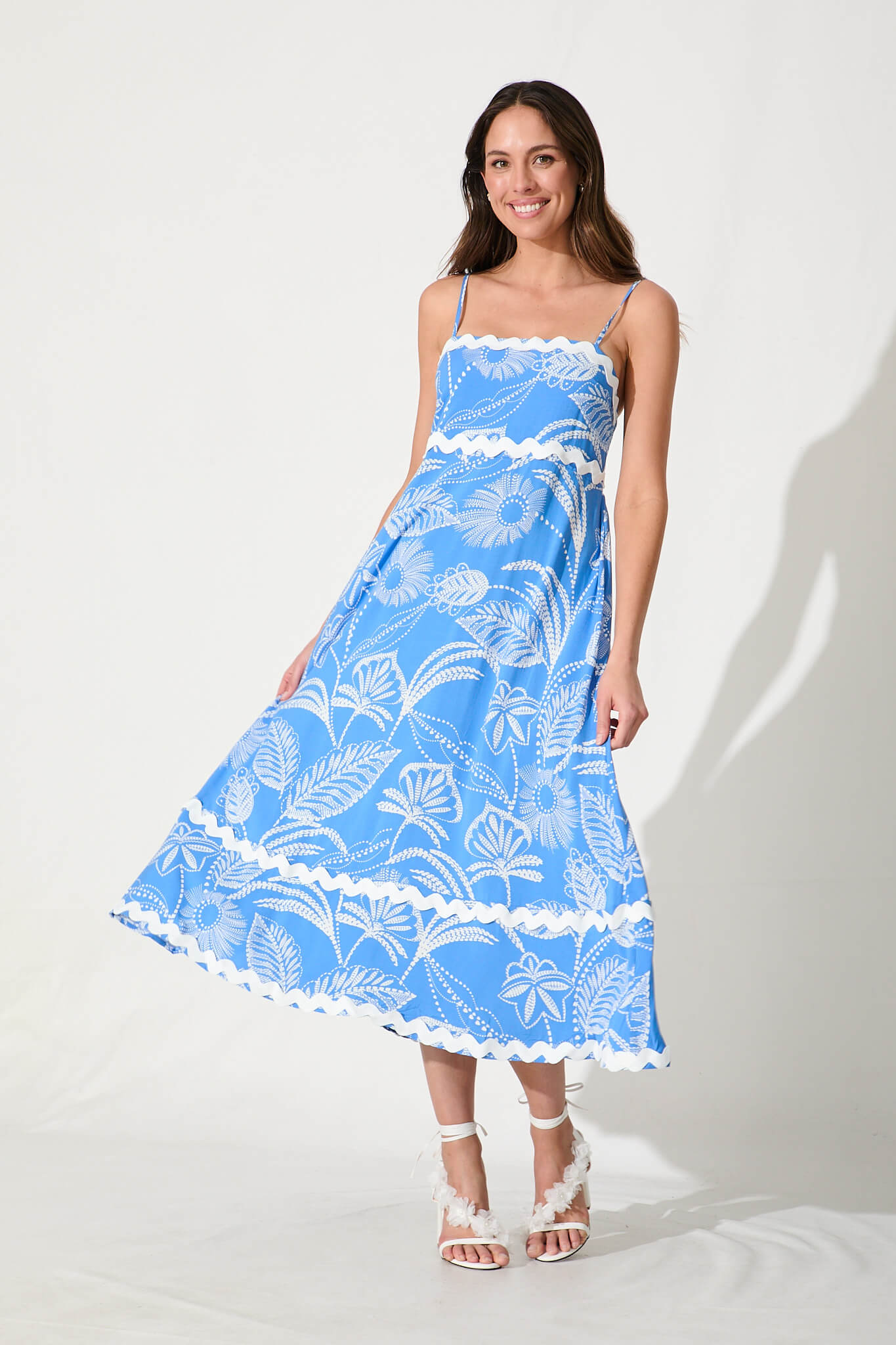 Treviso Maxi Sundress In Blue And White With Ric Rac Trim - full length