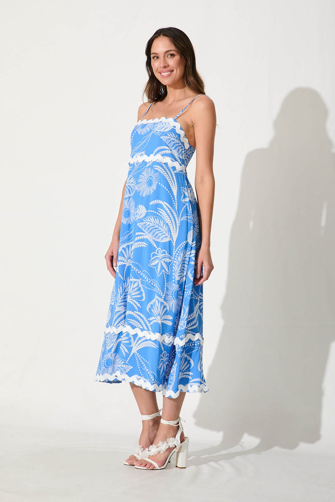 Treviso Maxi Sundress In Blue And White With Ric Rac Trim- side