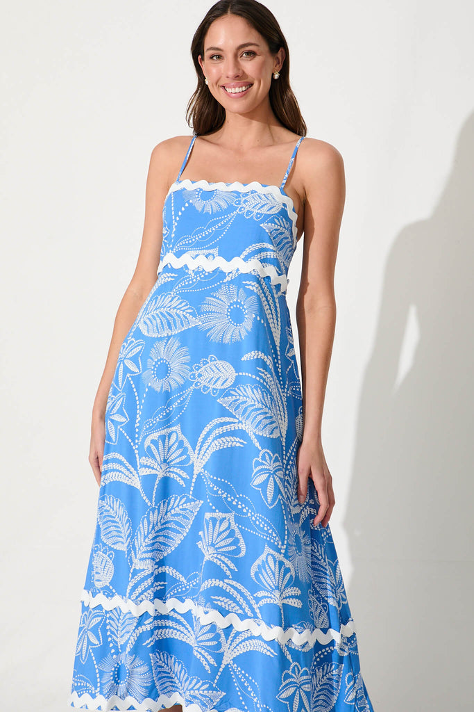 Treviso Maxi Sundress In Blue And White With Ric Rac Trim - front