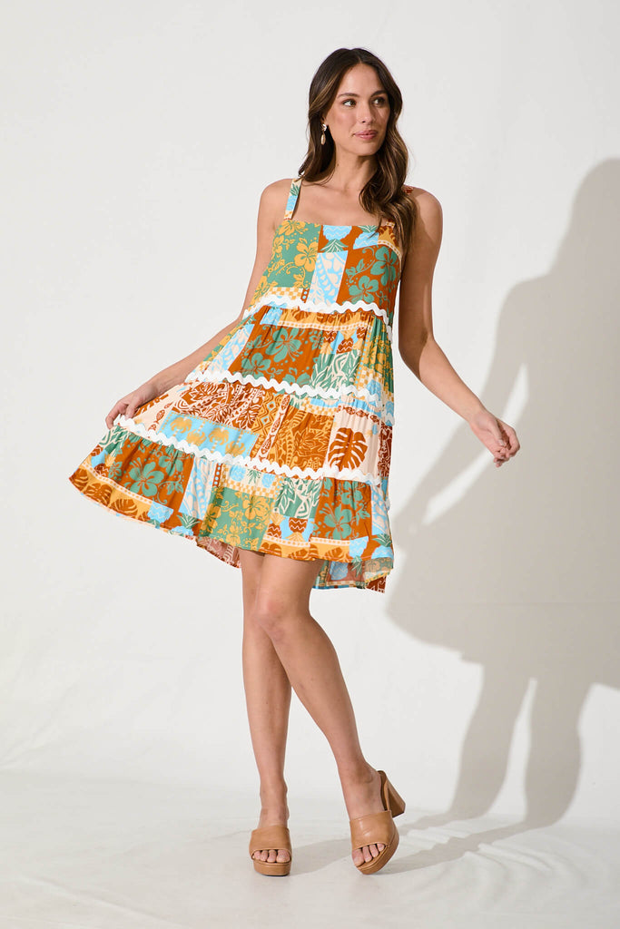 First Love Sundress In Multi Orange Print With Ric Rac Trim - full length