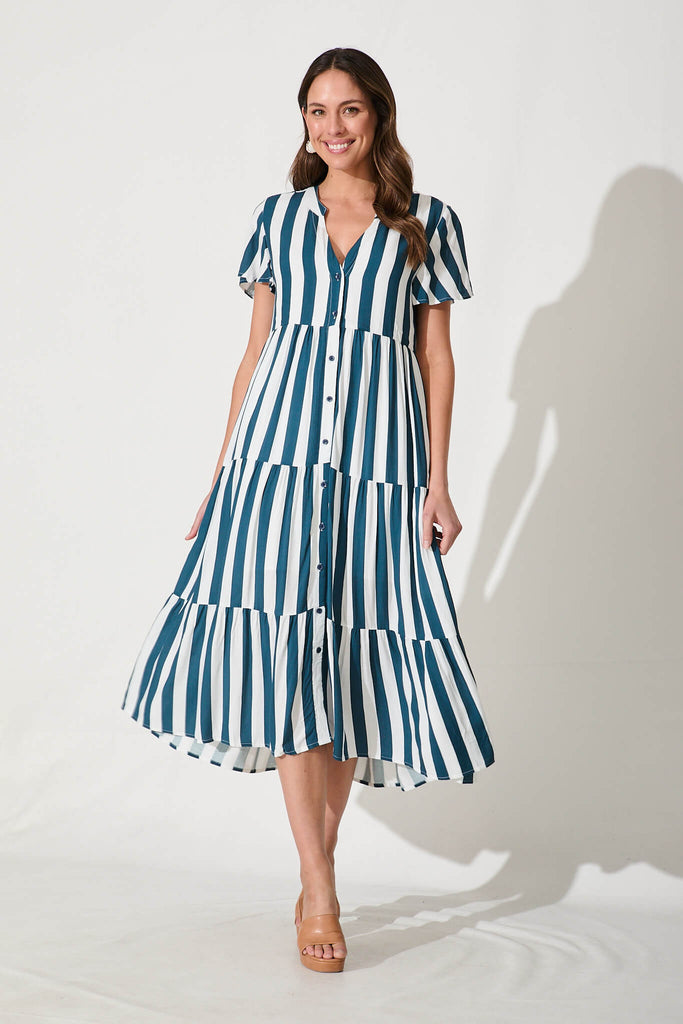 Marvela Midi Shirt Dress In Navy With White Stripe - full length