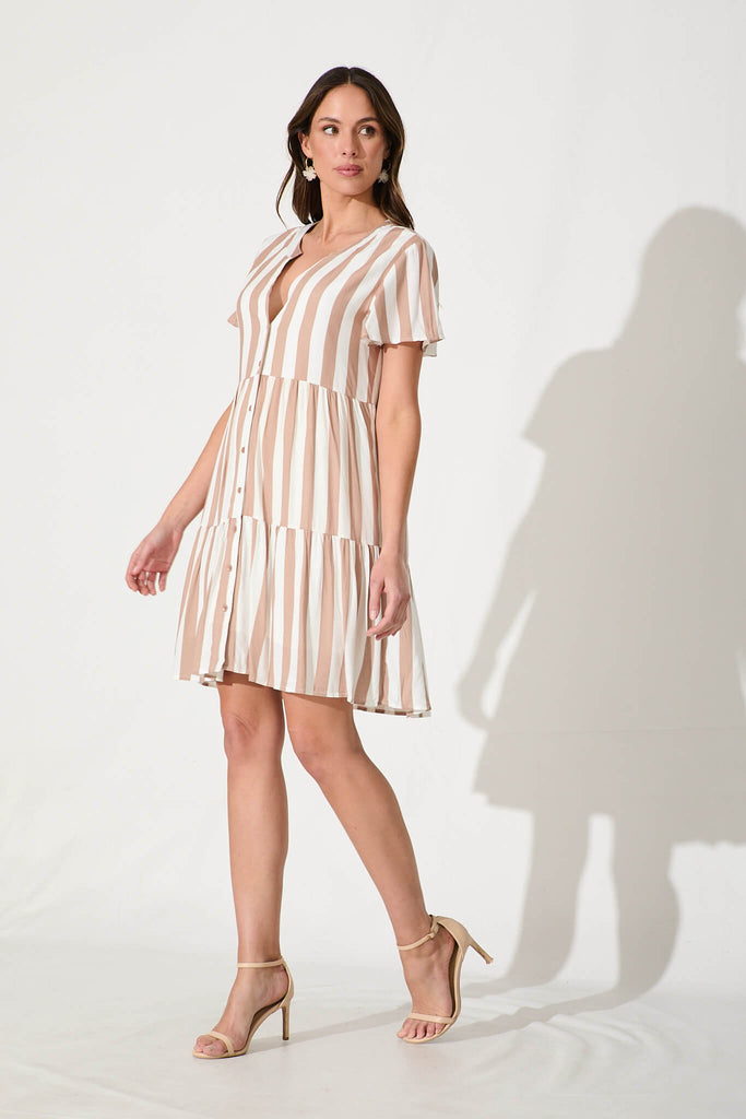 Adeline Shirt Dress In Beige With White Stripe - side