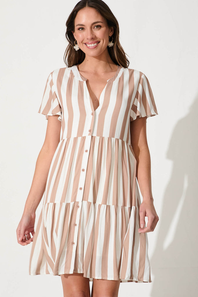 Adeline Shirt Dress In Beige With White Stripe - front