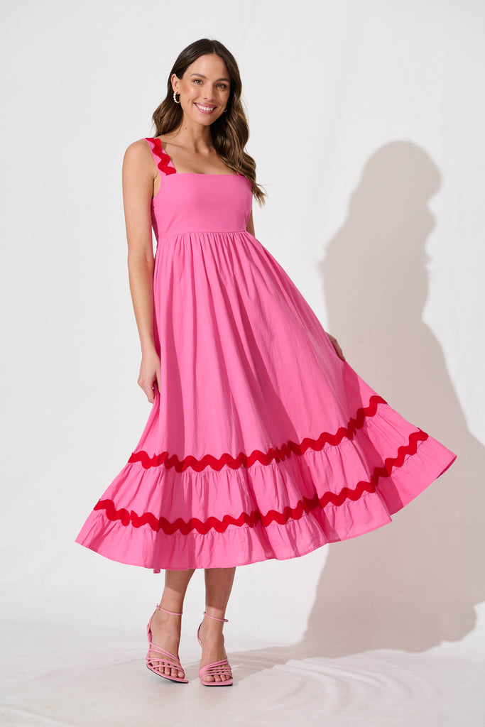 Idol Midi Sundress In Pink With Red Ric Rac Trim Cotton - full length