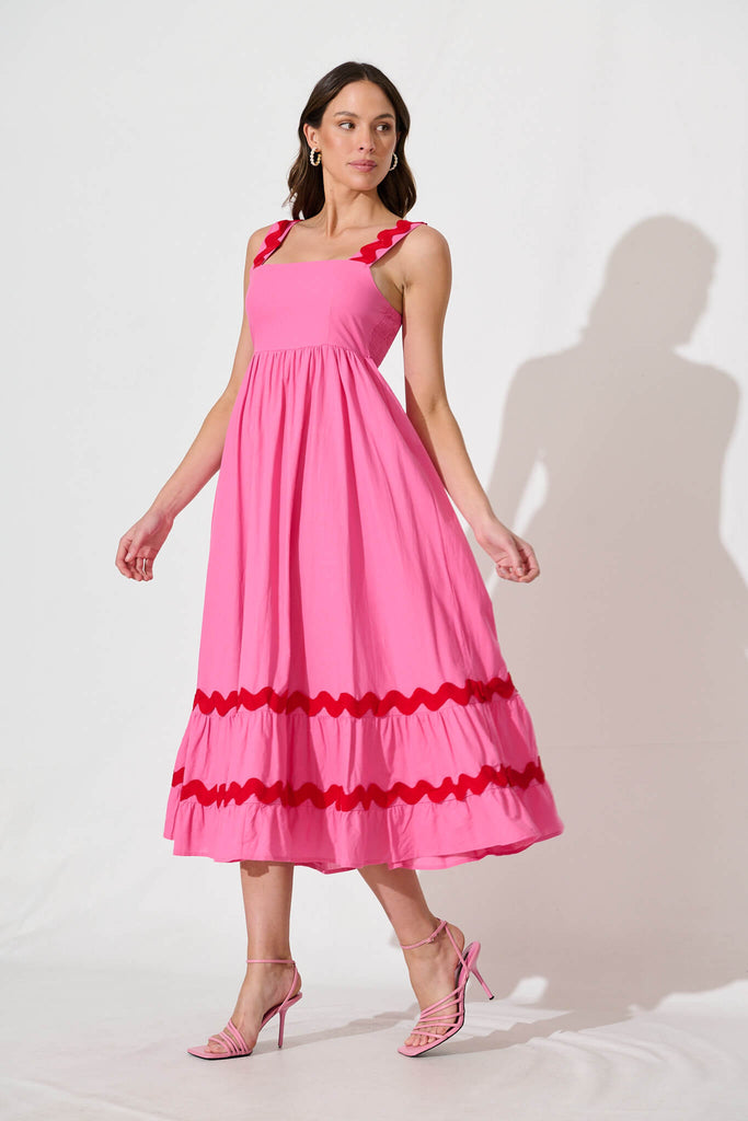 Idol Midi Sundress In Pink With Red Ric Rac Trim Cotton - side