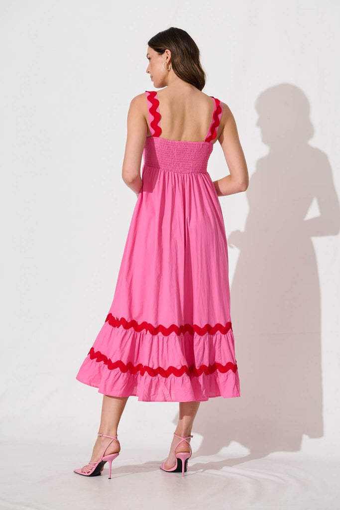 Idol Midi Sundress In Pink With Red Ric Rac Trim Cotton - back