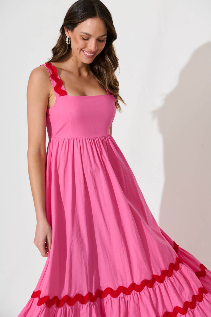 Idol Midi Sundress In Pink With Red Ric Rac Trim Cotton - front