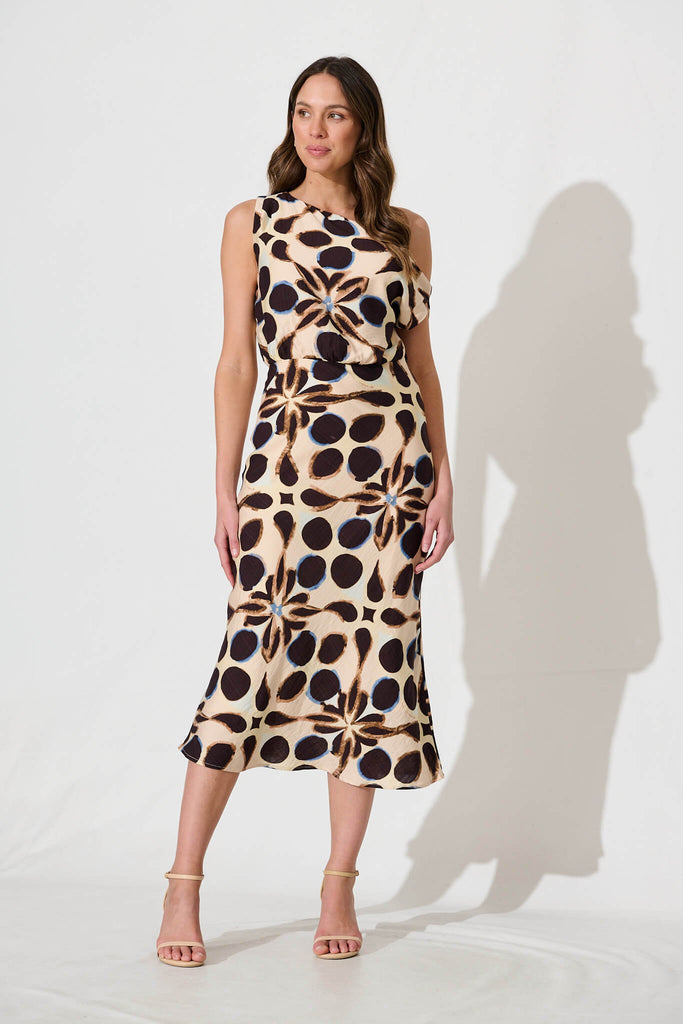 Georgiana Midi Dress in Beige with Multi Brown Spot