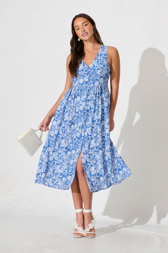 Ryland Midi Dress in Blue Paisley Print