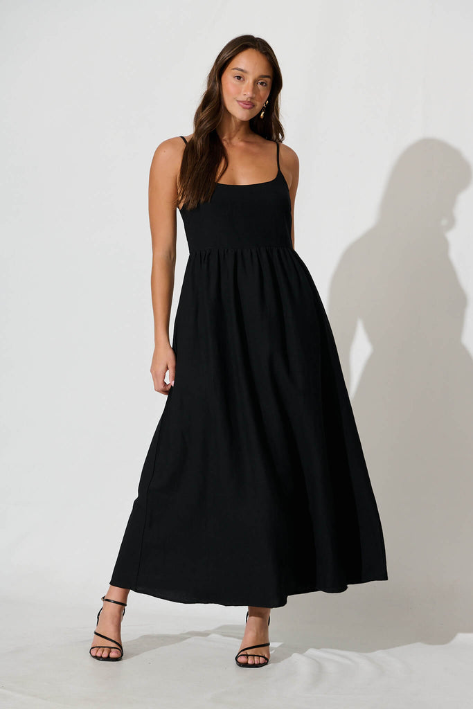 Quinley Maxi Sundress in Black Linen Blend