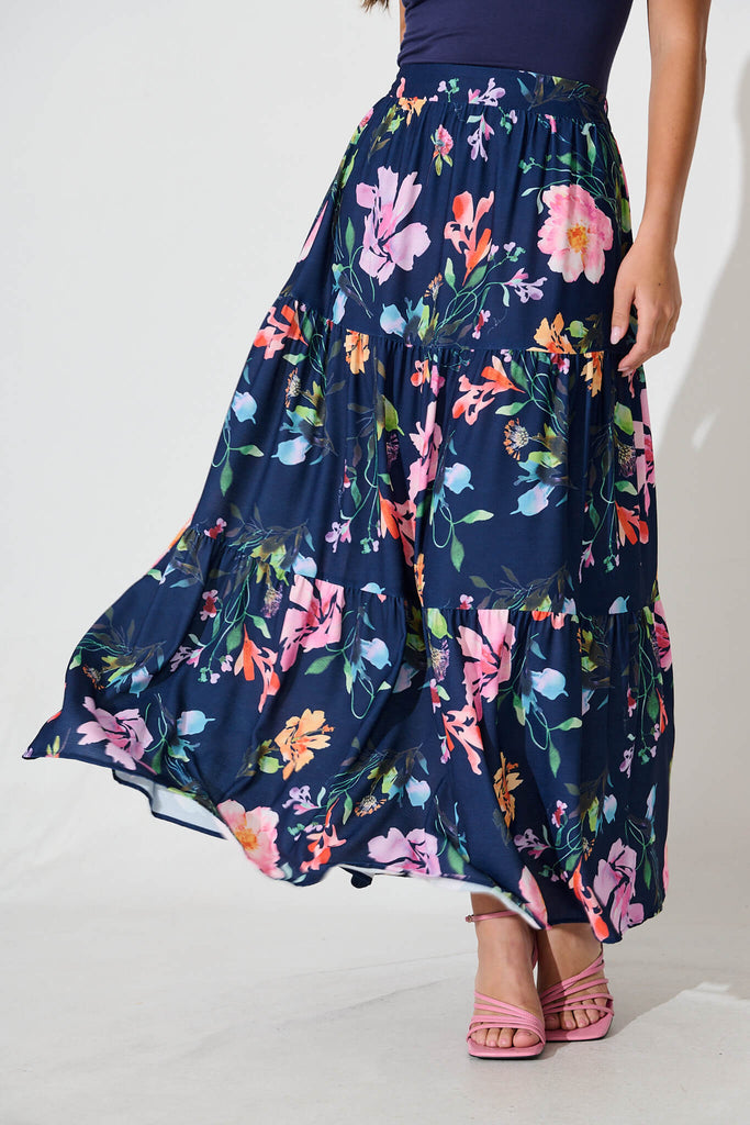 Newmoon Maxi Skirt In Navy With Multi Floral Print