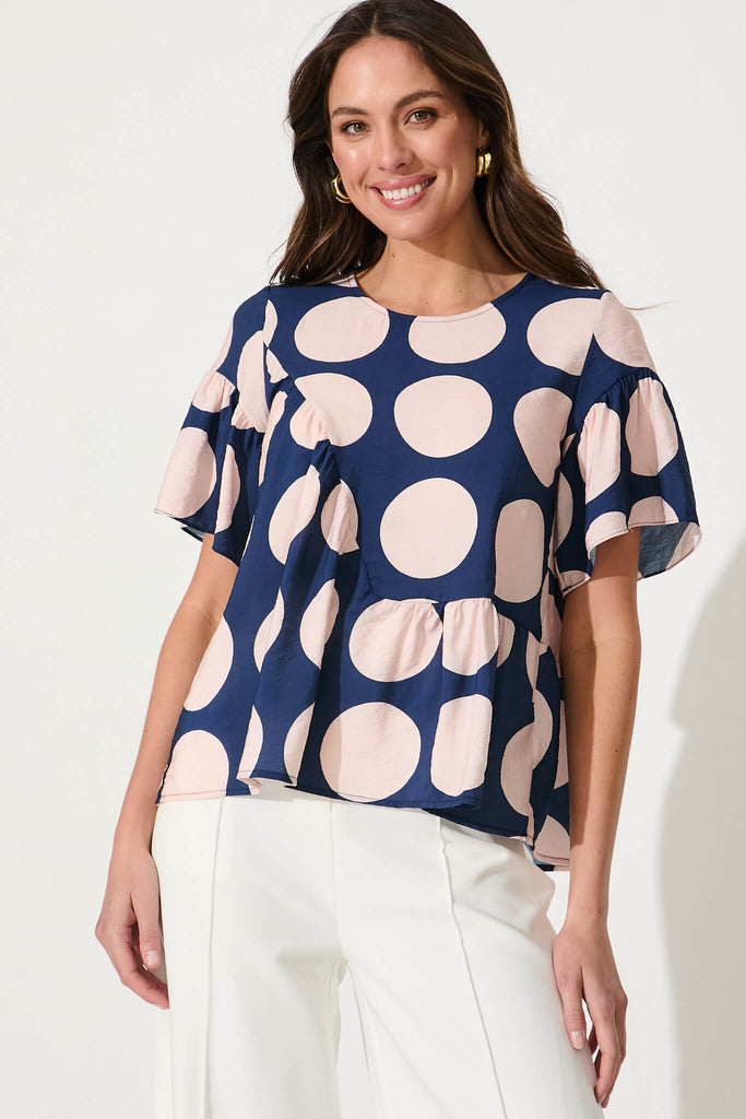 Girona Top In Navy With Blush Spot Cotton Blend