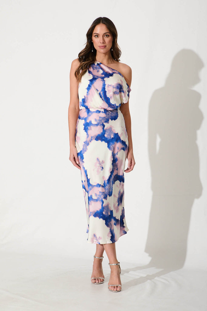 Lux Off Shoulder Midi Dress In Blue Watercolour Satin