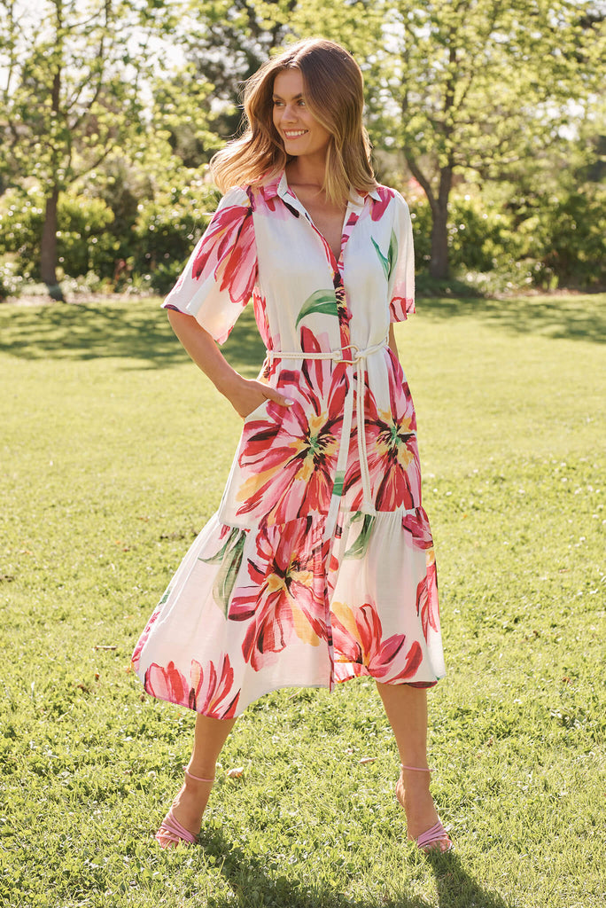 Cera Maxi Shirt Dress In White With Pink Floral