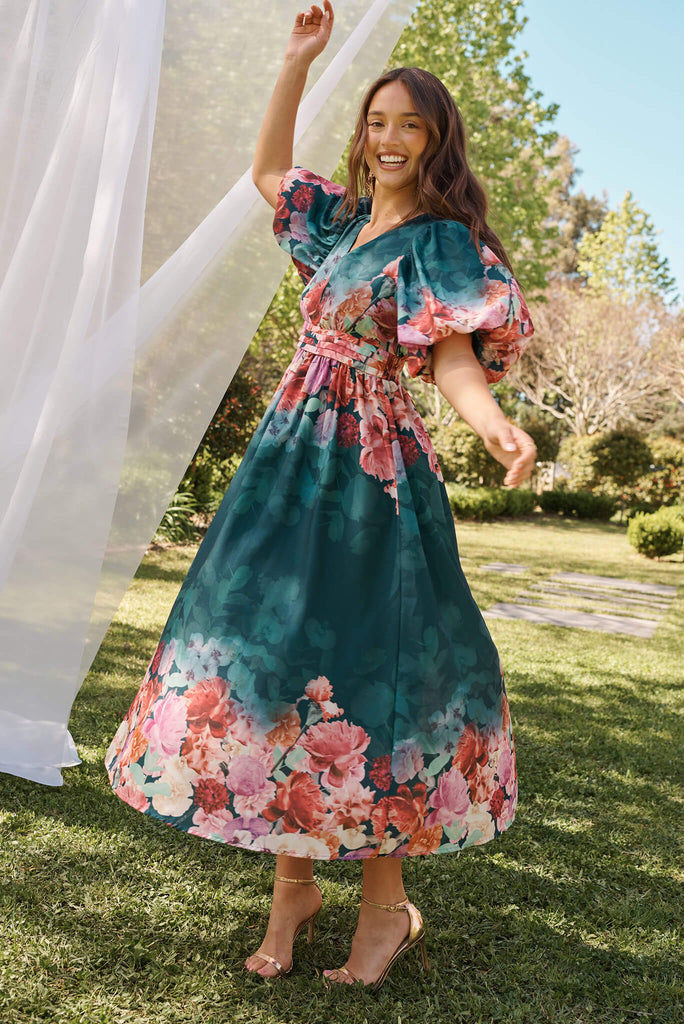 Divine Maxi Dress In Emerald With Pink Multi Floral Print