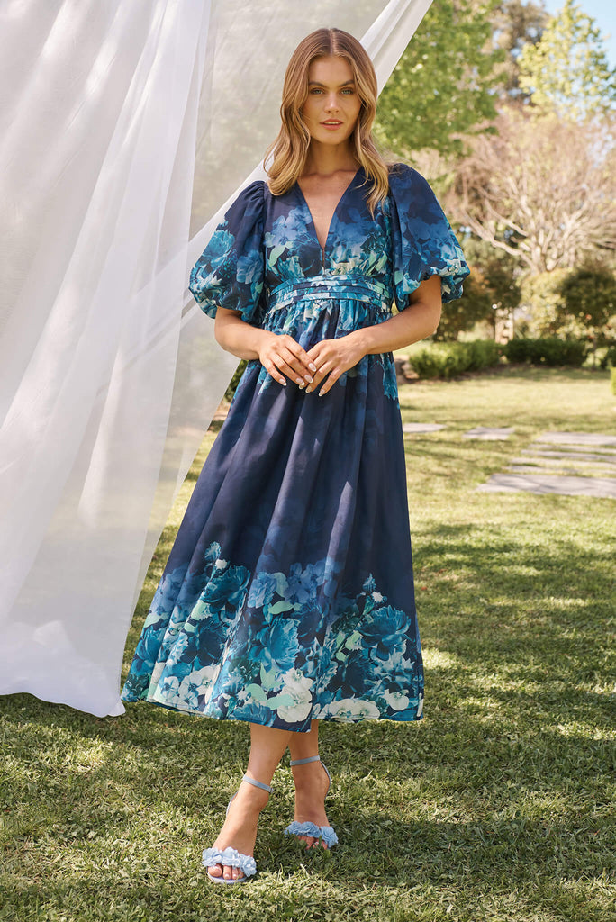 Divine Maxi Dress In Navy With Sage Multi Floral Print