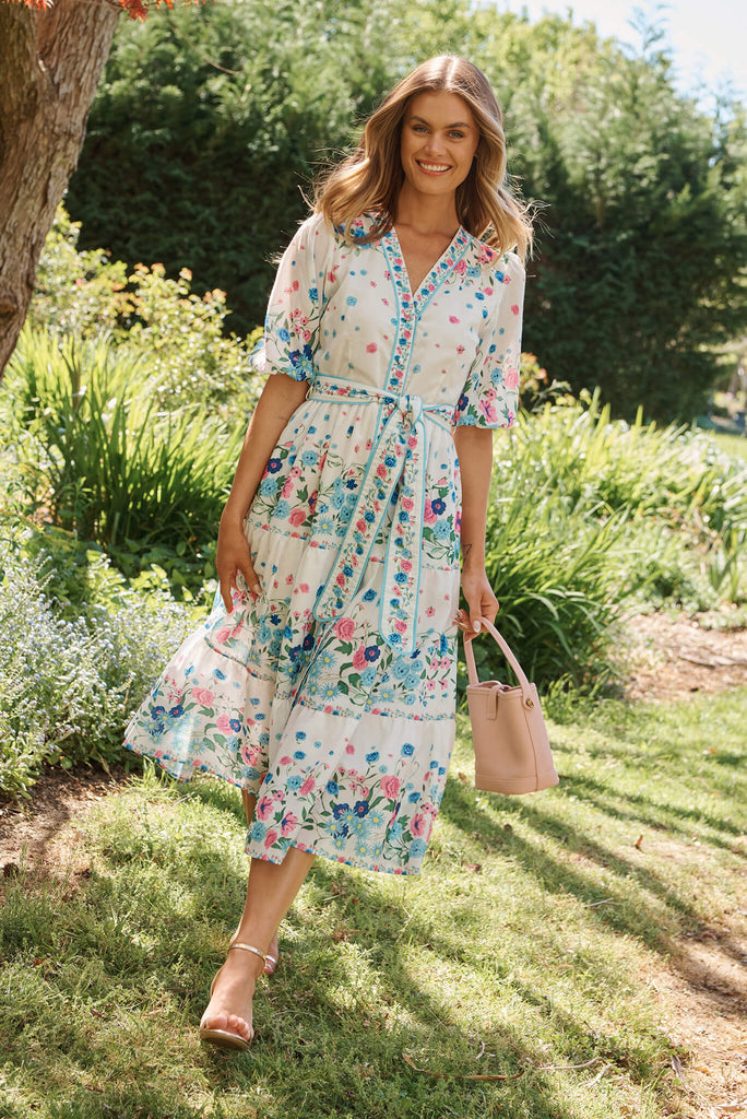 Pambula Maxi Dress In White With Pink And Blue Floral