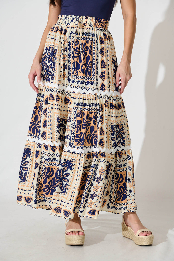 Arcadia Maxi Skirt in Beige and Navy With Ric Rac Trim