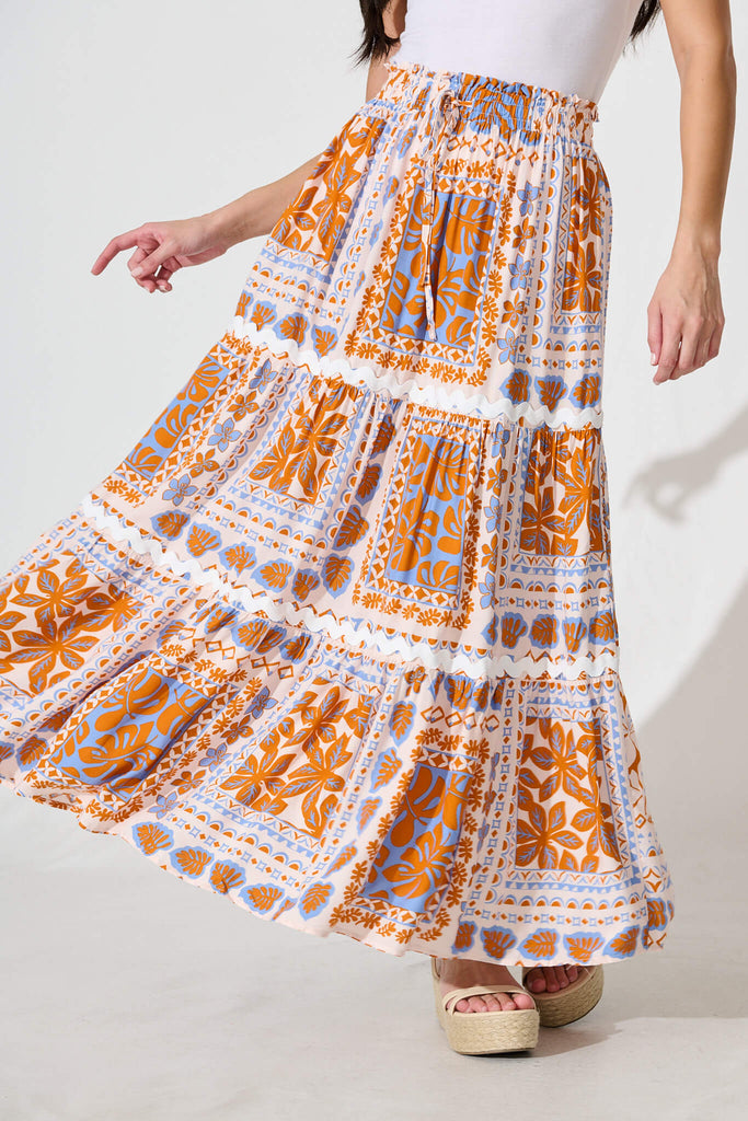 Arcadia Maxi Skirt in Multi Orange With Ric Rac Trim