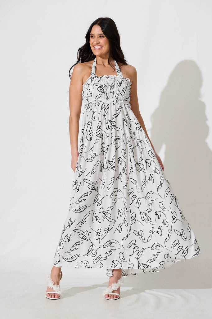 Luisa Maxi Sundress In White with Black Sketch Print