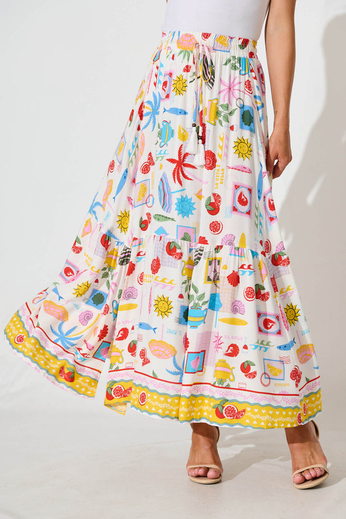 Dema Maxi Skirt in White with Multi Tropical Print