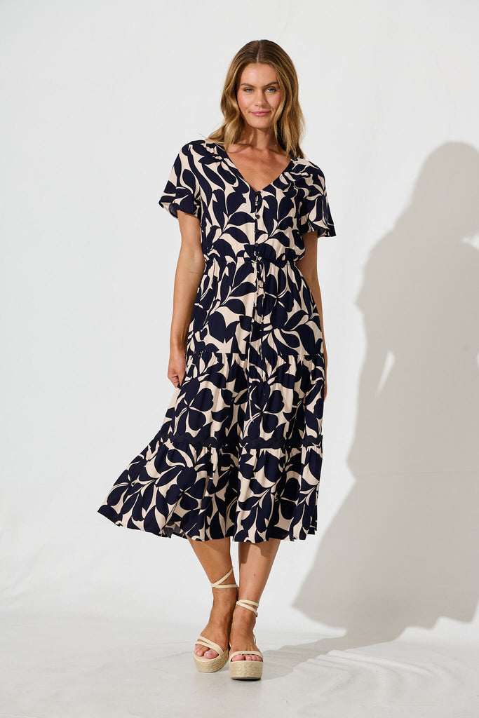 Laconia Midi Dress In Navy Leaf With Ric Rac Trim