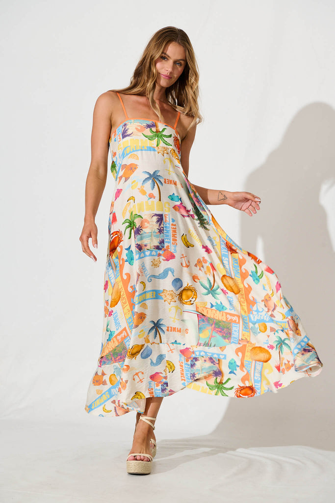 Hanalei Midi Sundress in Cream with Multi Summer Print