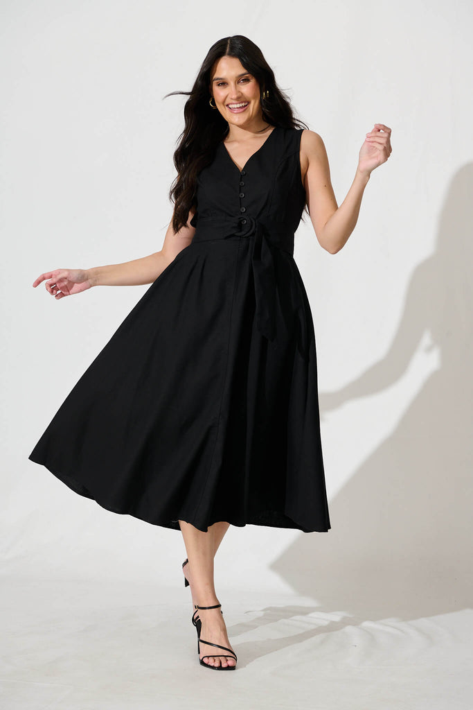 Iliya Midi Dress in Black Cotton Linen